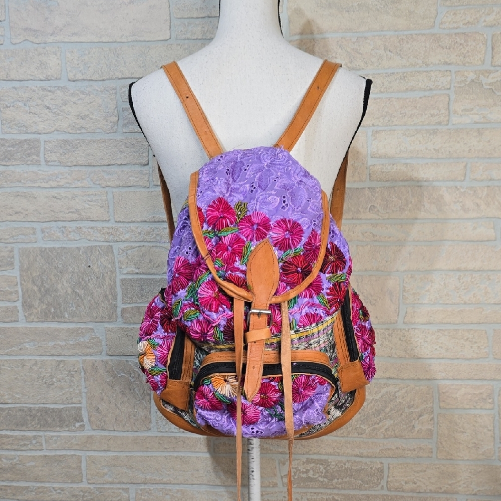 BOHO EMBROIDERED LACE LEATHER BUCKET BACKPACK